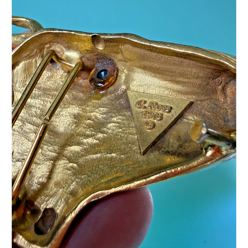 Christopher Ross Signed Belt Buckle 1976 Gold Plated Deer Head Glass Eye Vintage - Picture 3 of 5